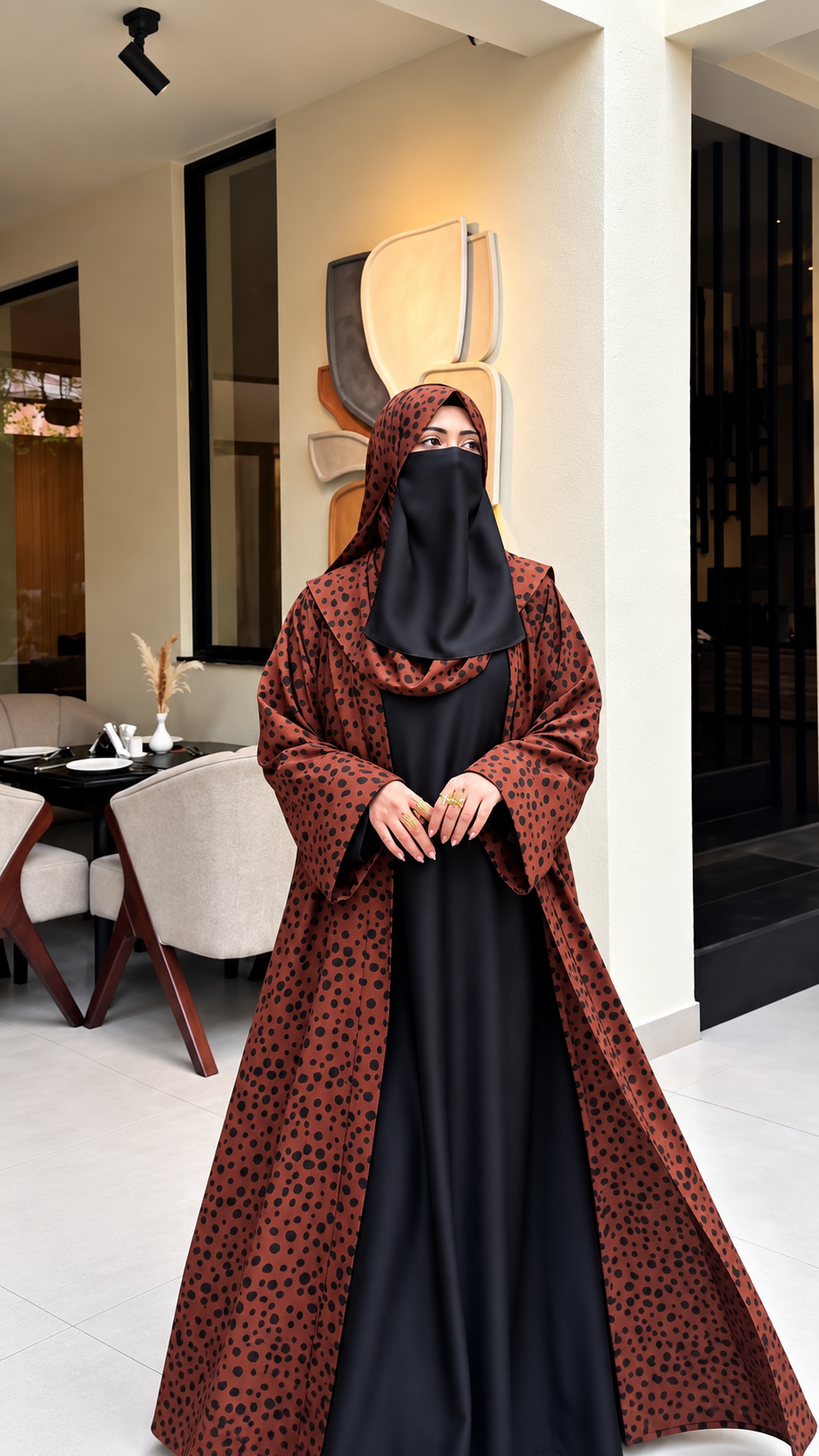 Premium Rust Brown Spotted Print Abaya with Matching Hijab