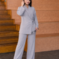 Premium Grey Wrap Co-Ord Set for Women – Elegant Long Sleeve Top with Wide-Leg Pants