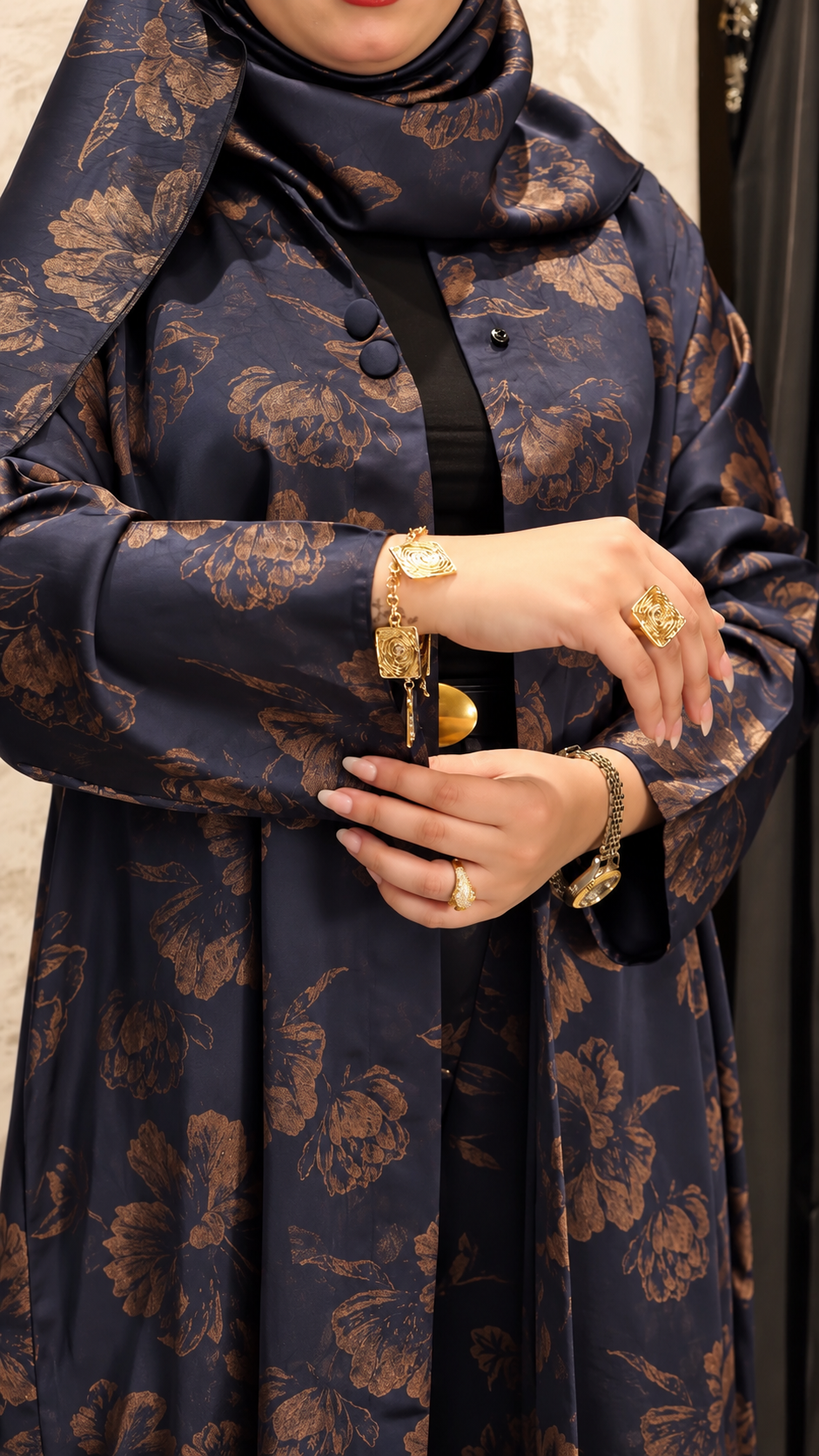 Premium Grey Floral Printed Shrug Set with Matching Pants & Hijab