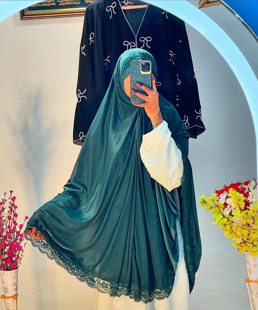 Elegant Dark Green Lace Khimar