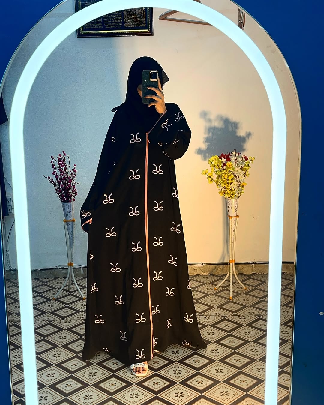 Elegant Black Embroidered Abaya with Pink Detailing
