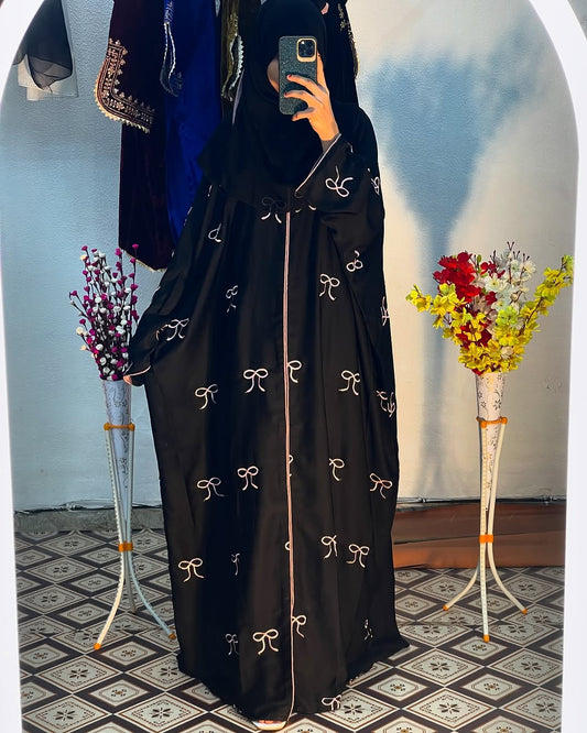 Elegant Black Embroidered Abaya with Pink Detailing