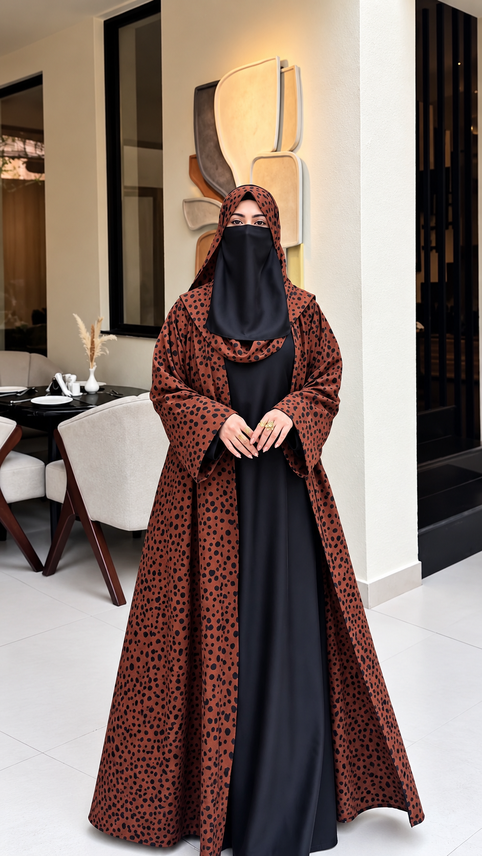 Premium Rust Brown Spotted Print Abaya with Matching Hijab