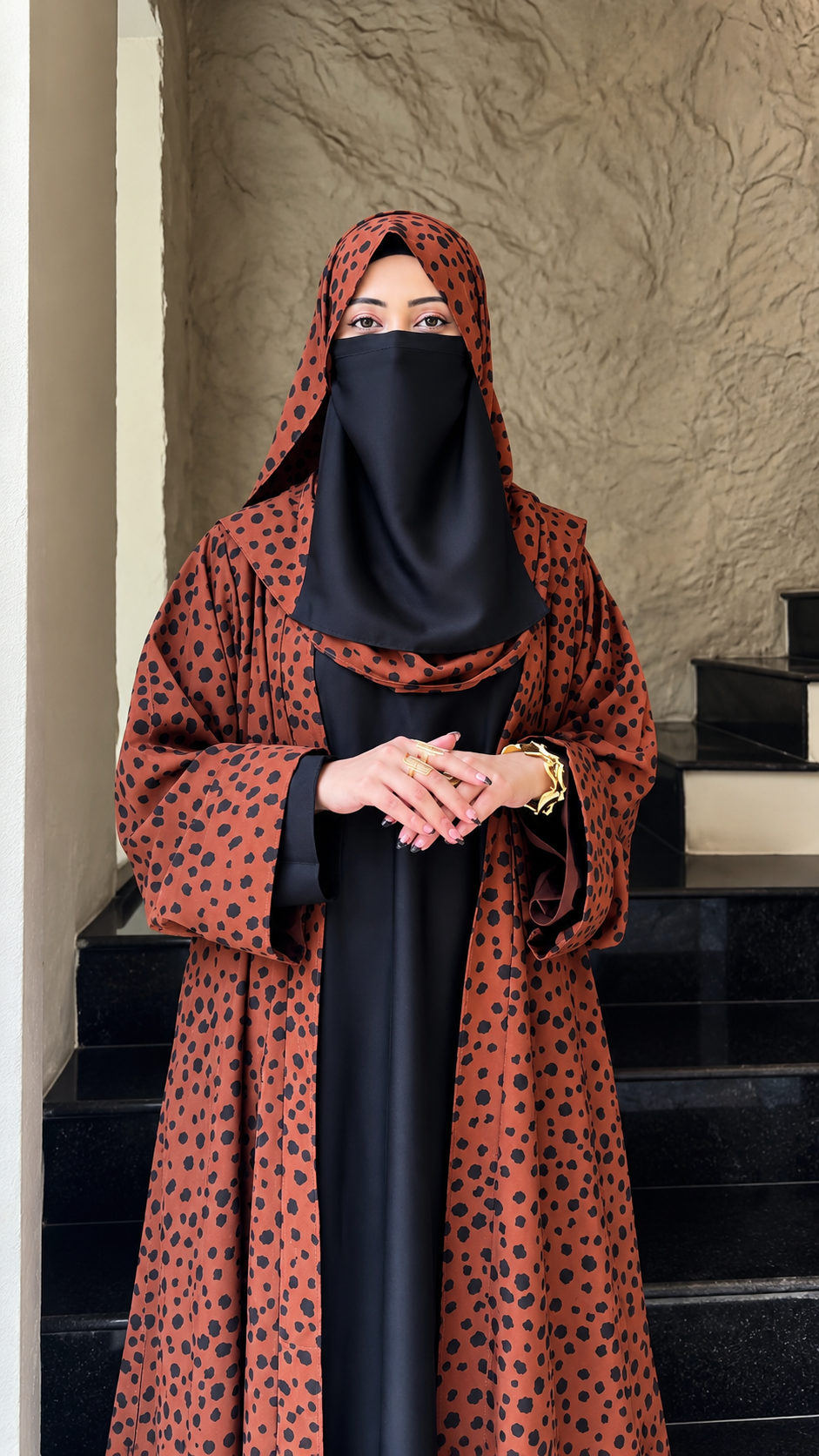 Premium Rust Brown Spotted Print Abaya with Matching Hijab
