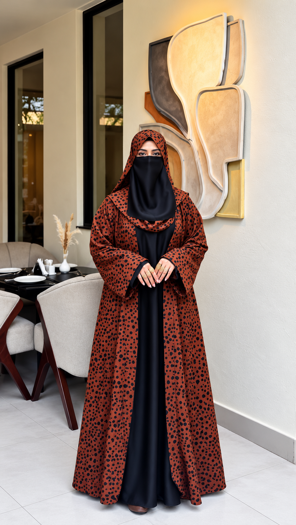 Premium Rust Brown Spotted Print Abaya with Matching Hijab