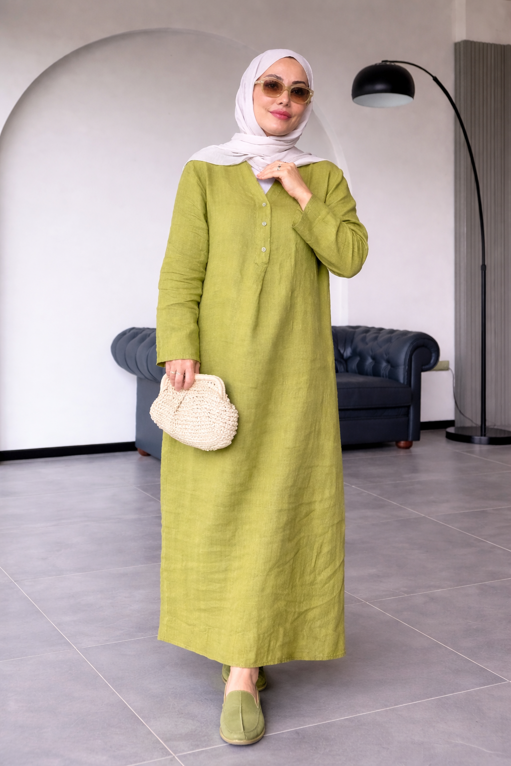 Premium Linen V-Neck Button Dress (One Piece) – Elegant Long Maxi Outfit for Women | Soft & Breathable Daily Wear