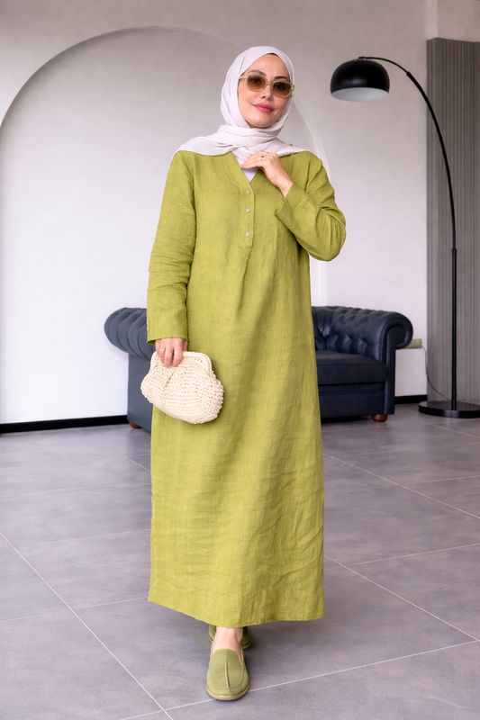 Premium Linen V-Neck Button Dress (One Piece) – Elegant Long Maxi Outfit for Women | Soft & Breathable Daily Wear