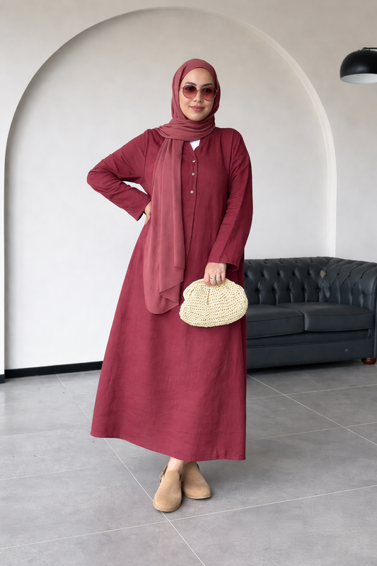 Premium Linen V-Neck Button Dress (One Piece) – Elegant Long Maxi Outfit for Women | Soft & Breathable Daily Wear