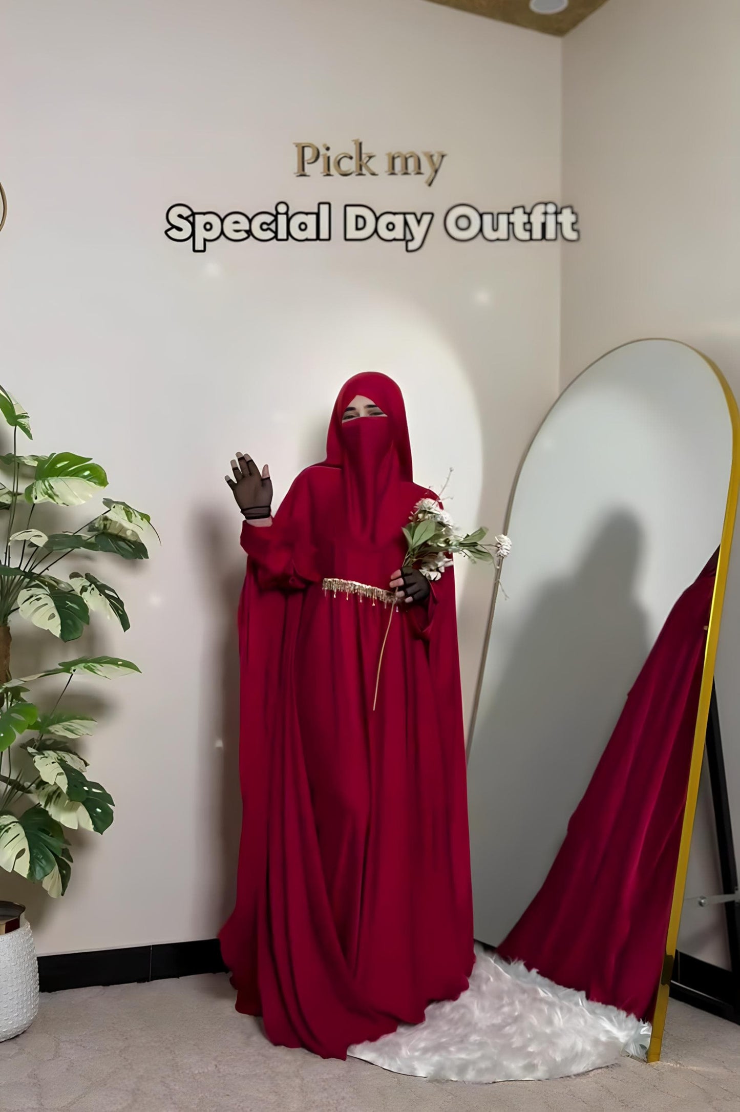 Premium Ruby Red Farasha Abaya for Special Occasions