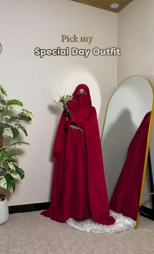 Premium Ruby Red Farasha Abaya for Special Occasions