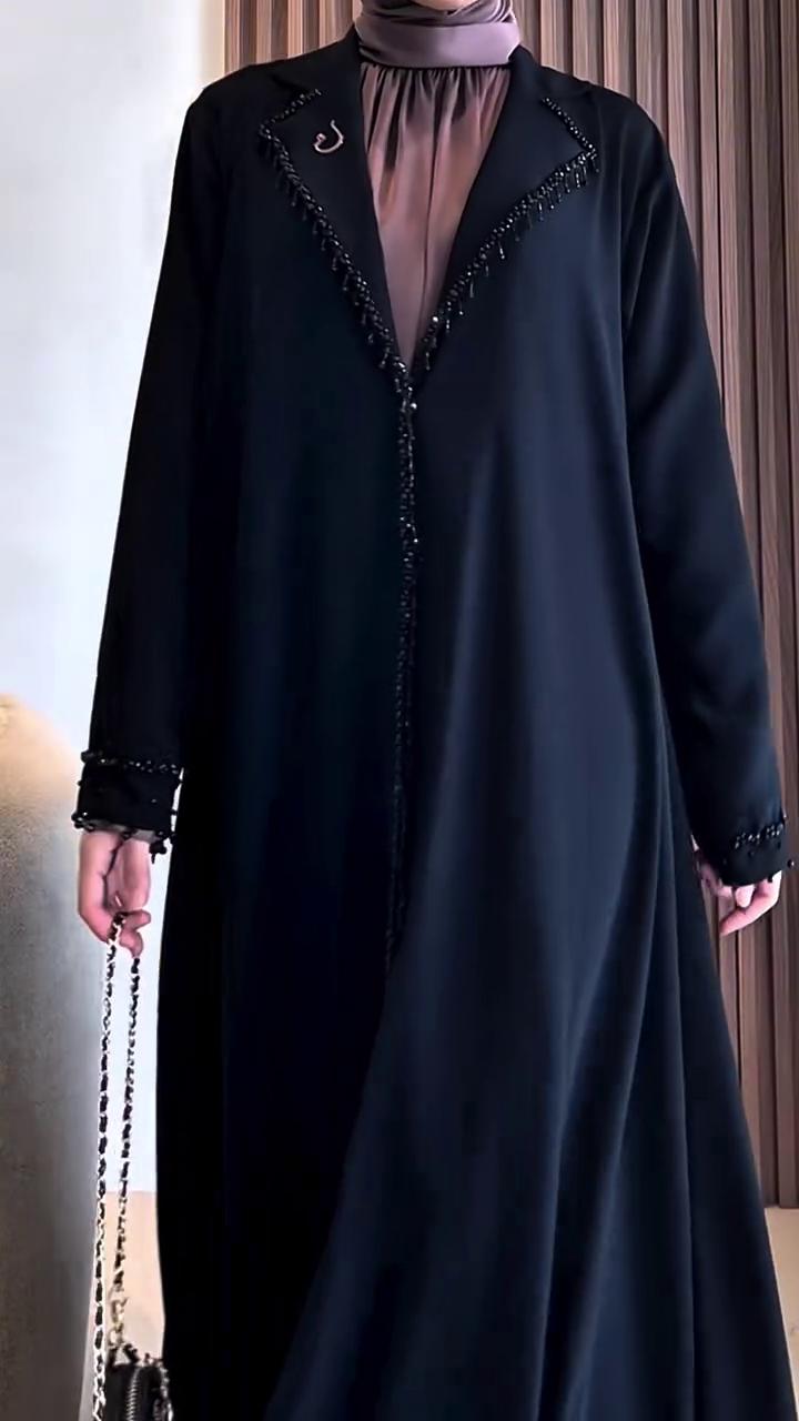 The "Elegance Noir" Beaded Lapel Abaya