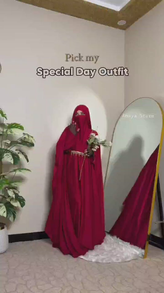 Premium Ruby Red Farasha Abaya for Special Occasions